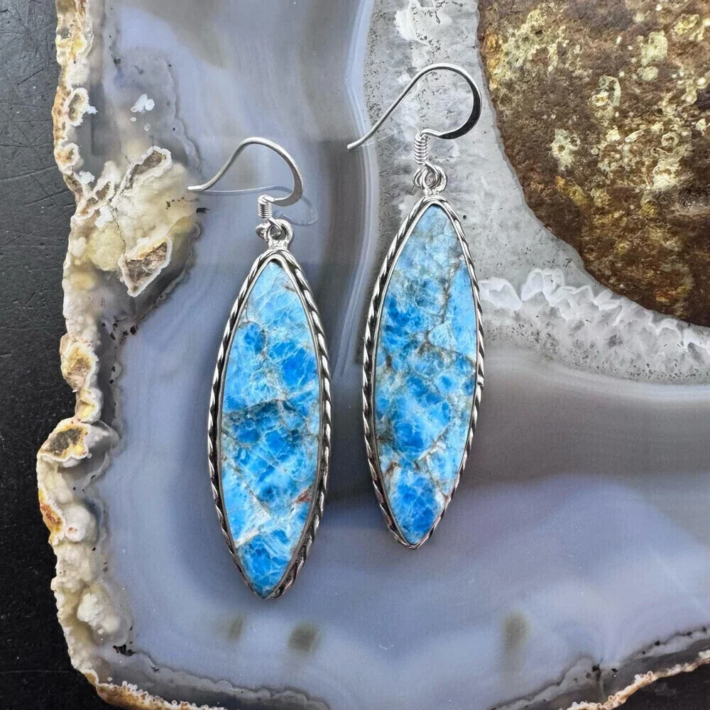 Sterling SW Style Elongated Marquise Blue Apatite Dangle Earrings For Women